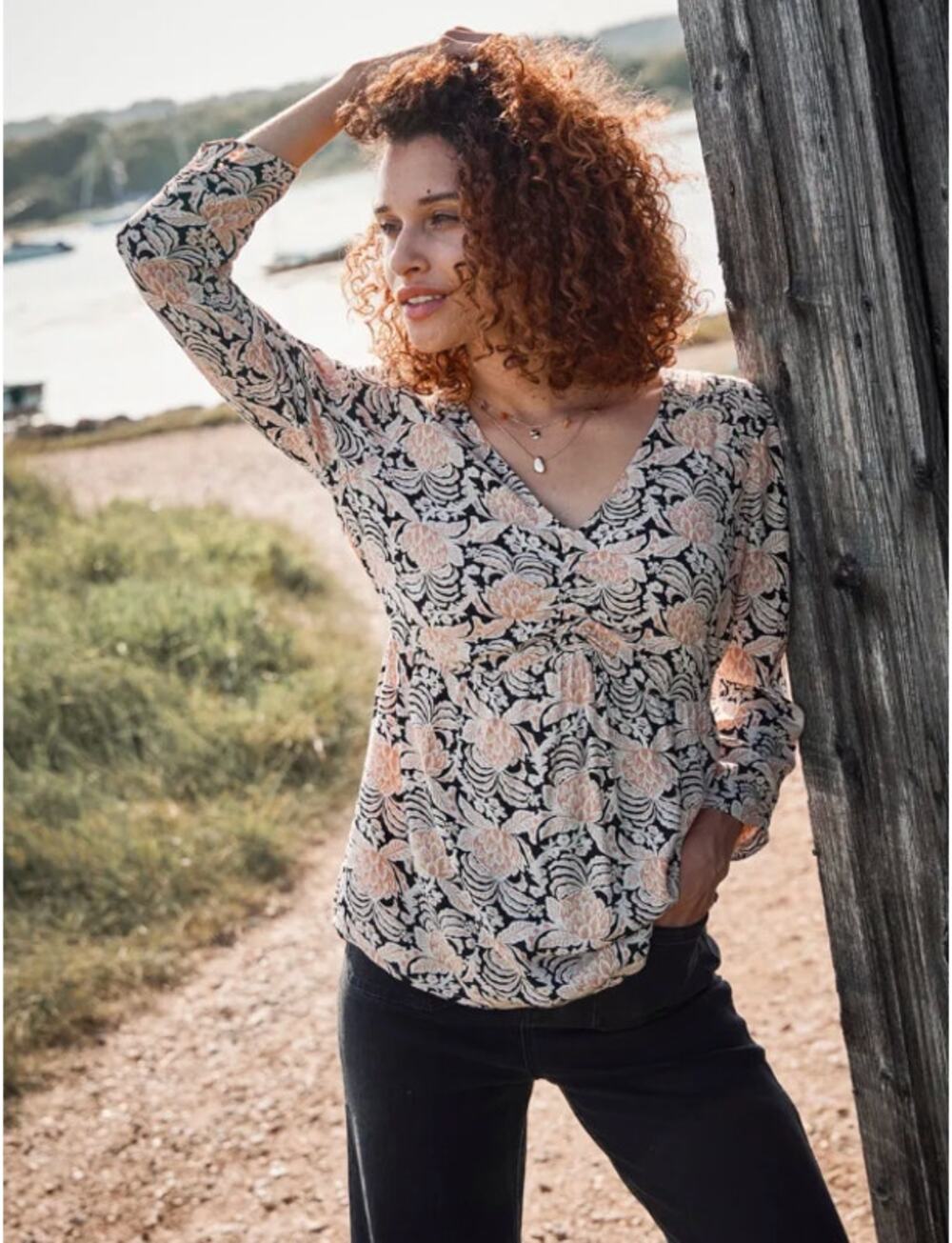FatFace Womens 8 Black Peach Kinsey Damask Floral 3/4 Sleeve Blouse Top Viscose